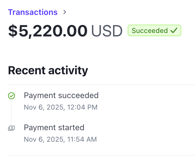 A $5,220.00 USD payment marked succeeded